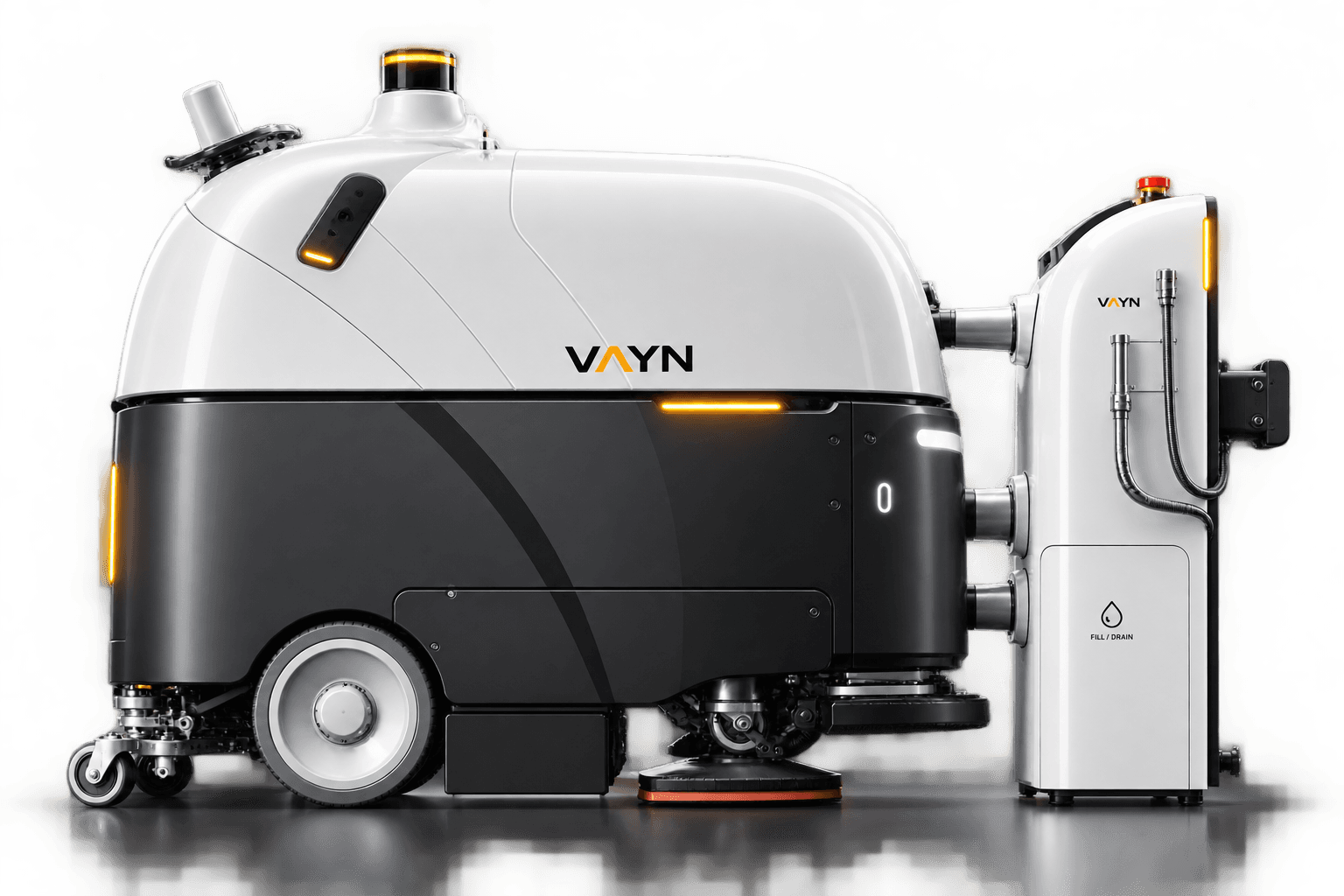 Клининговый робот VAYN TITAN PRO с сервисной станцией, полностью в кадре